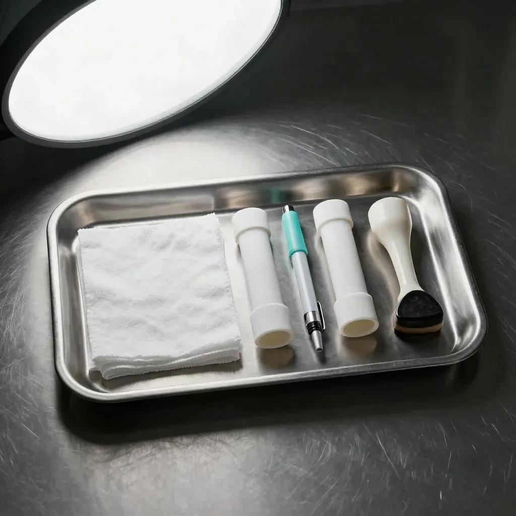 Clinic intake tray with wristbands, gauze, penlight and stamp on brushed steel