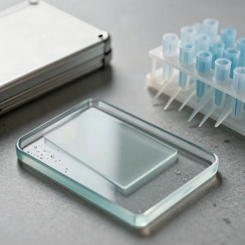 Macro lab still life with slide tray, microscope slides, pipette tips, and aluminum case