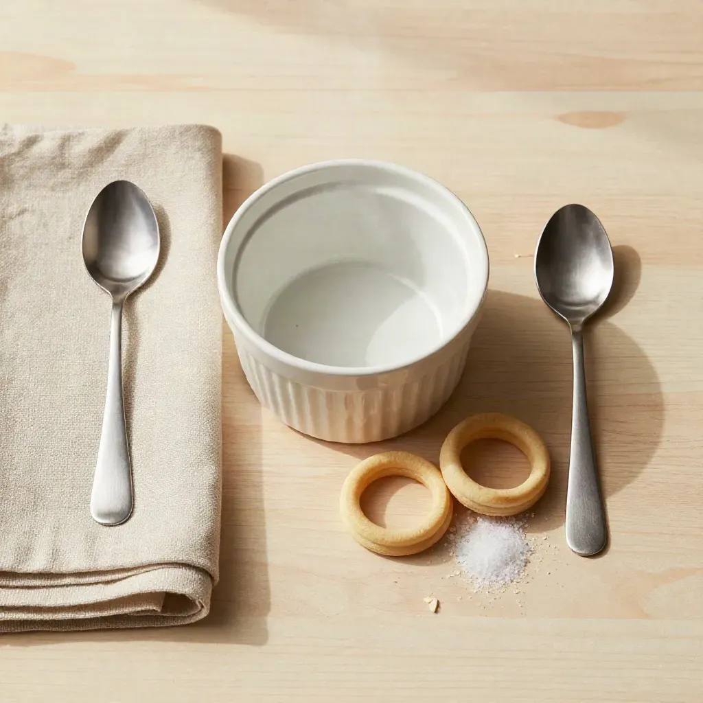 Ramekin, spoon, pastry rings, and salt on pale wood with faint steam