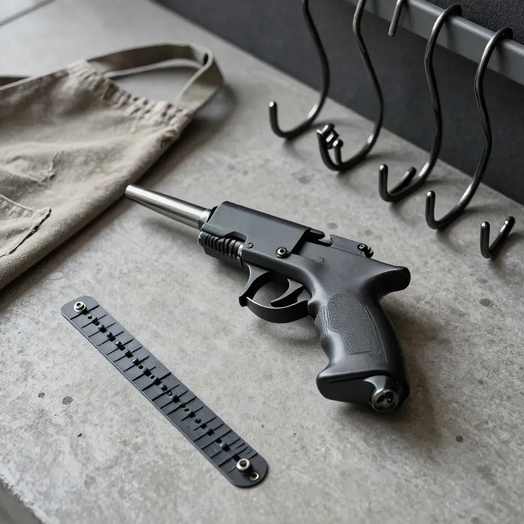 Tagging gun, fastener strip, canvas apron, and hanger hooks on concrete in soft side light.