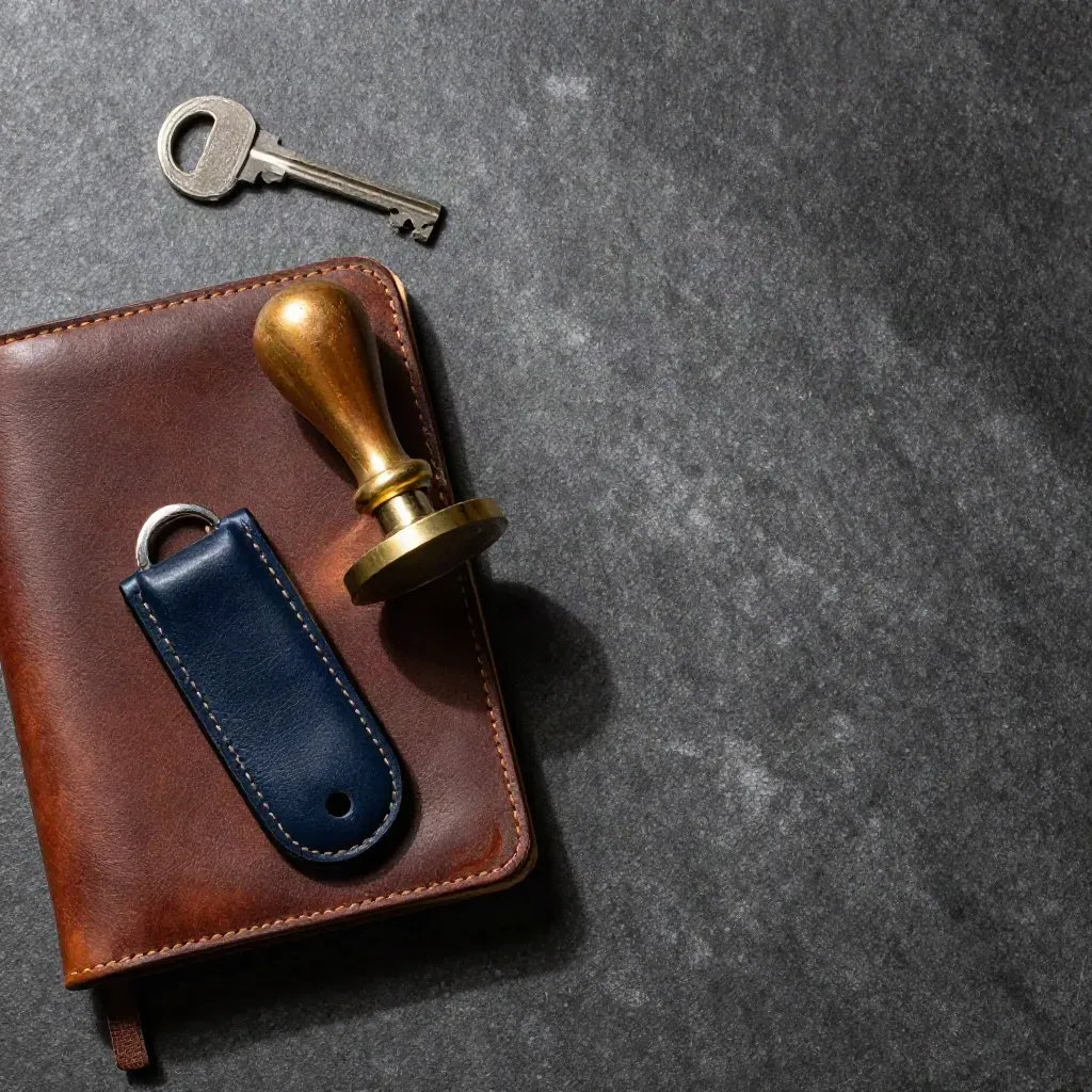 Brass seal, ledger cover, navy key fob and lockbox key on dark stone under dramatic light