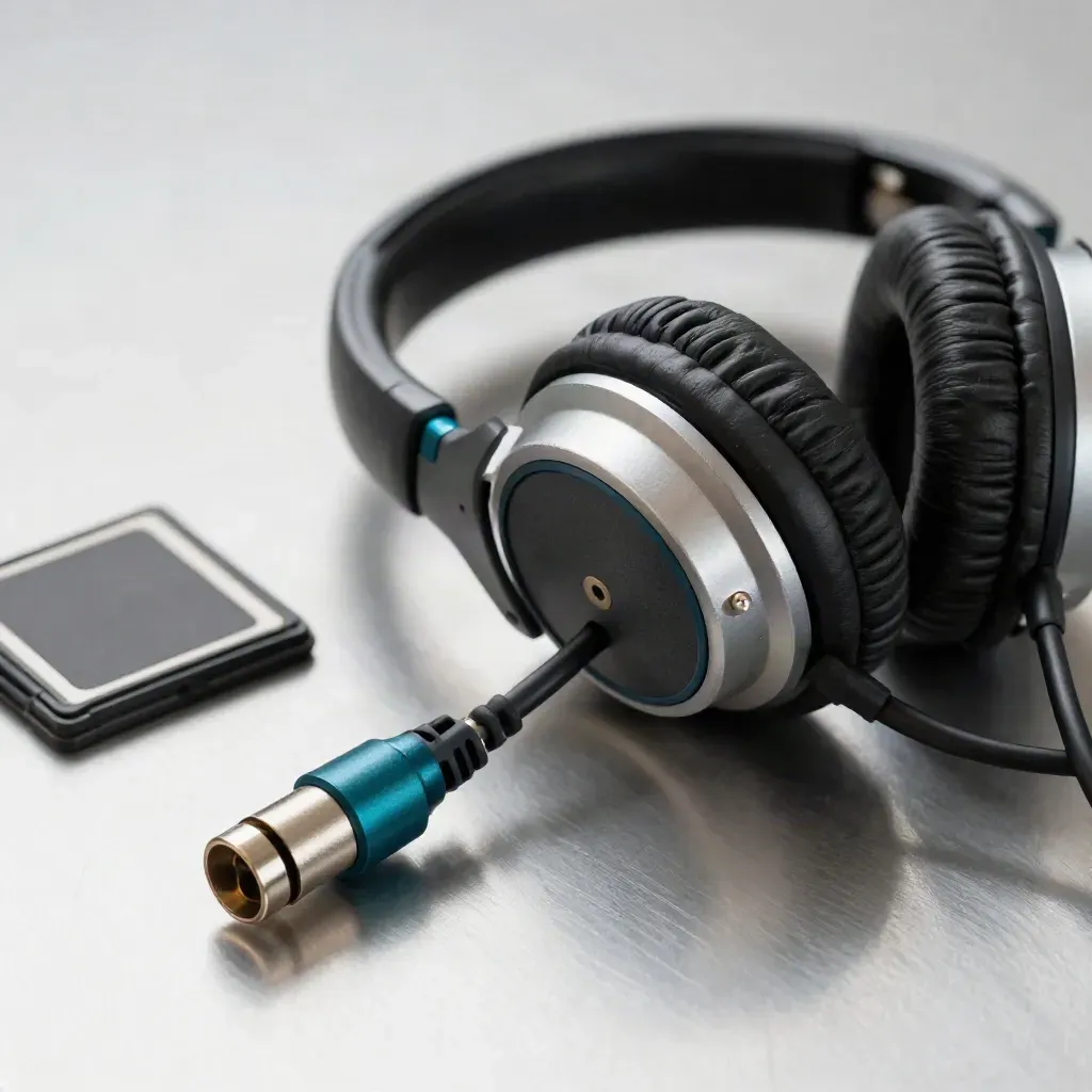 Studio headphones and audio gear on brushed metal with teal accents
