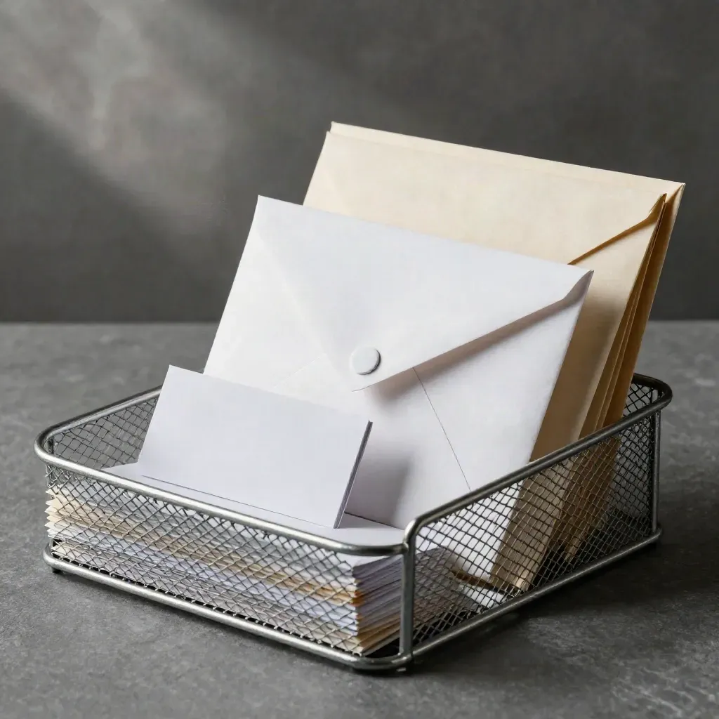 Wire inbox tray with sealed envelopes, contact cards, and a magnetic clip under dramatic studio light.