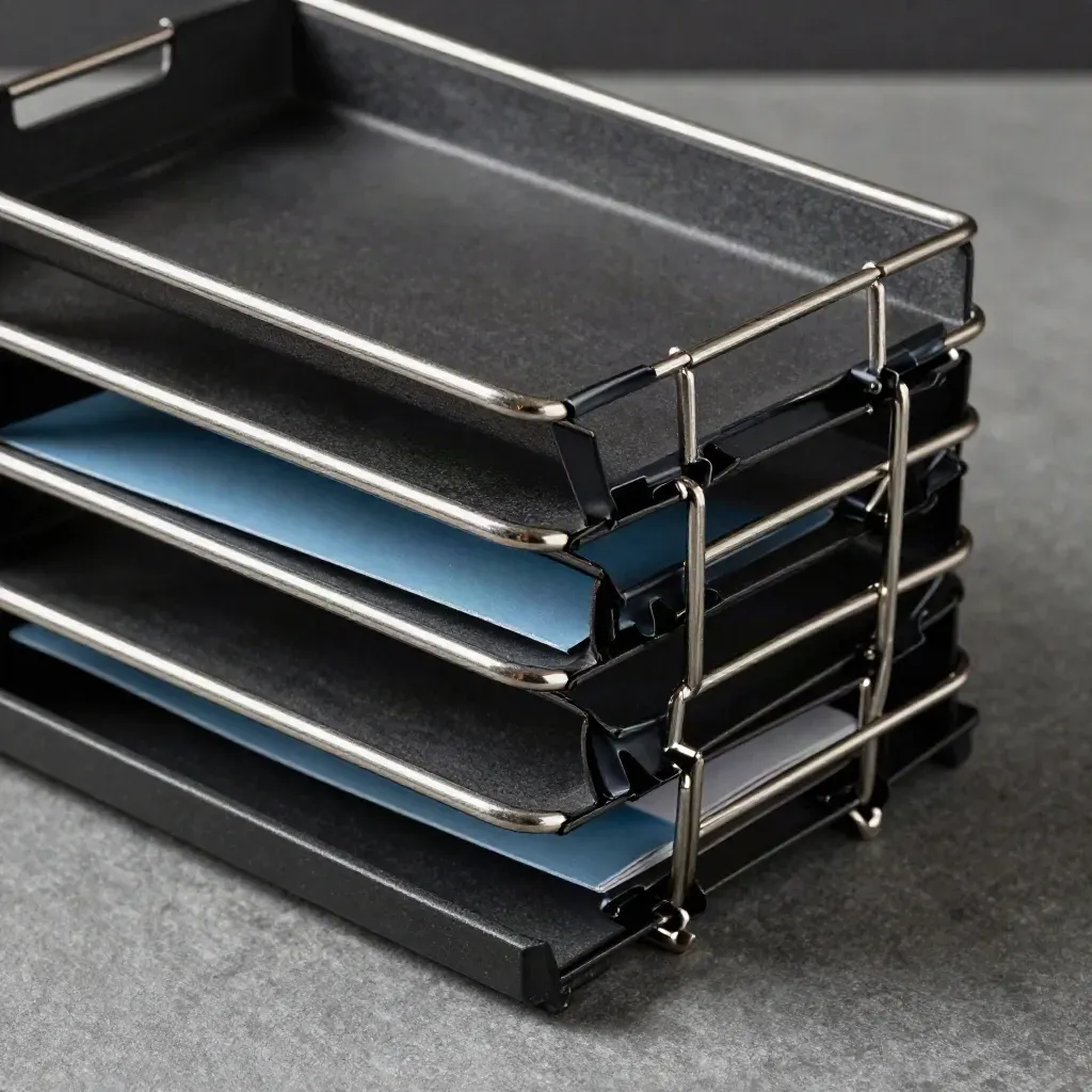 Stacked black filing trays with metal rails and binder clips on a graphite surface