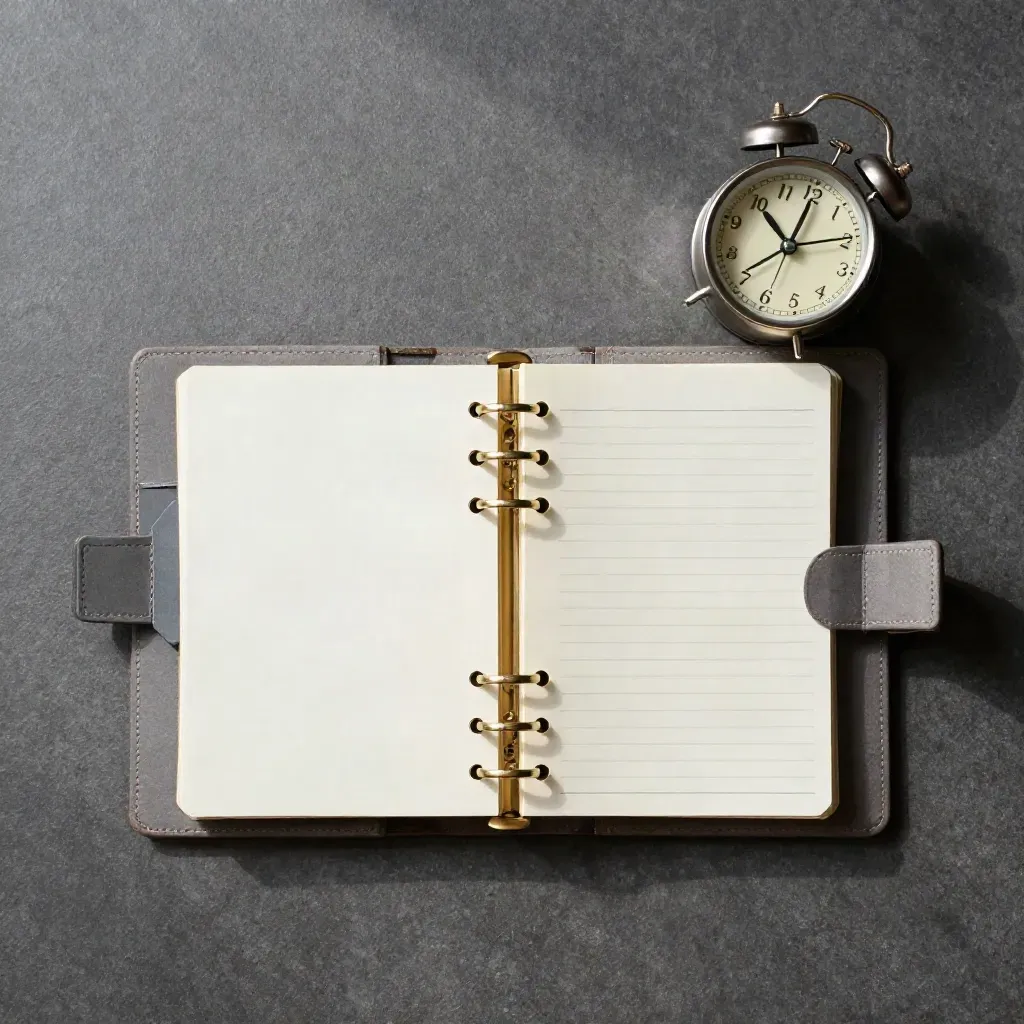 Overhead planner, brass marker, desk clock and paper tabs on graphite stone.