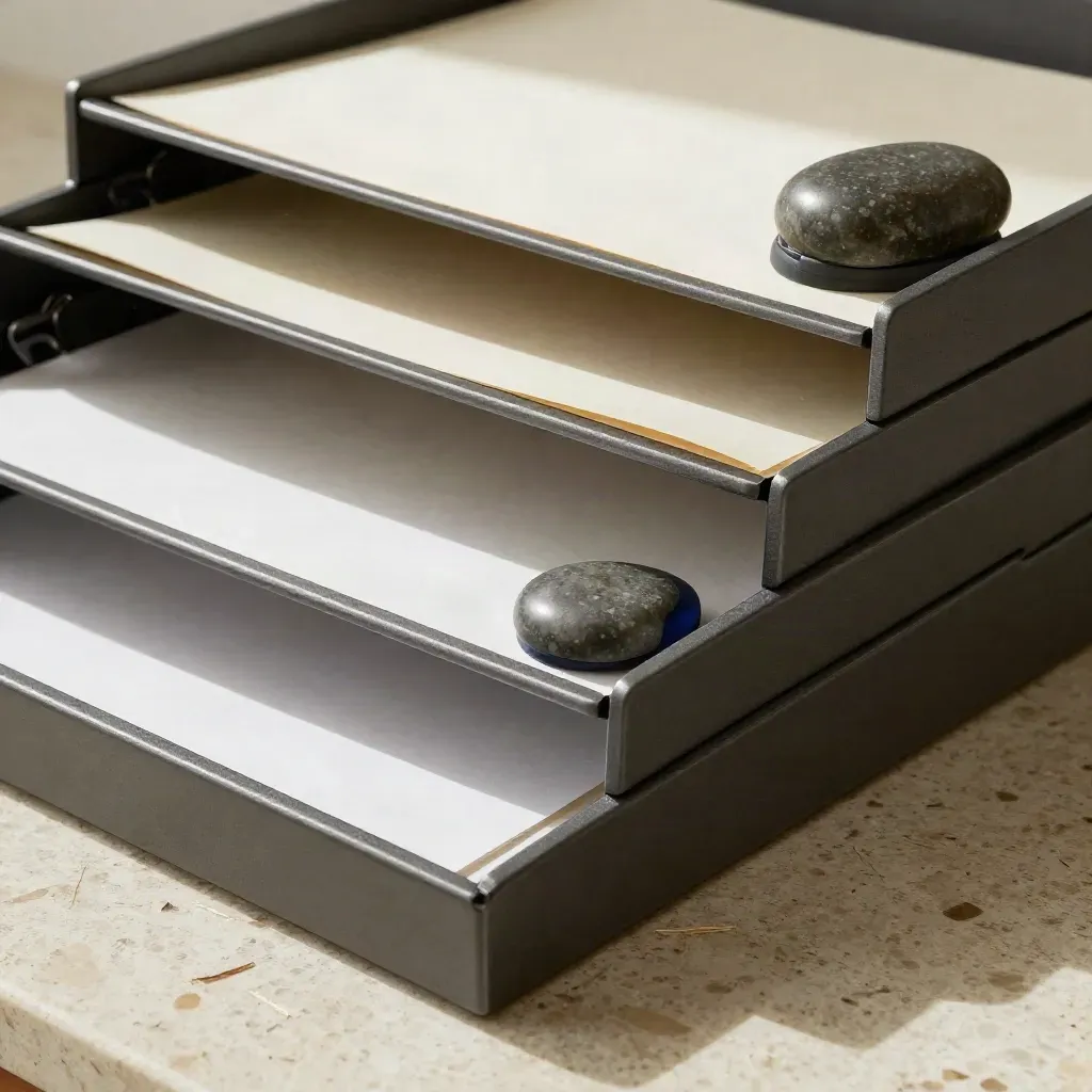 Stepped document trays, black clips, and a stone paperweight on travertine.
