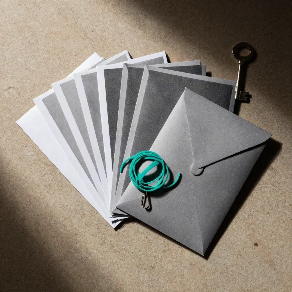Top-down still life of sealed mailers, envelopes and rubber bands with one teal accent.