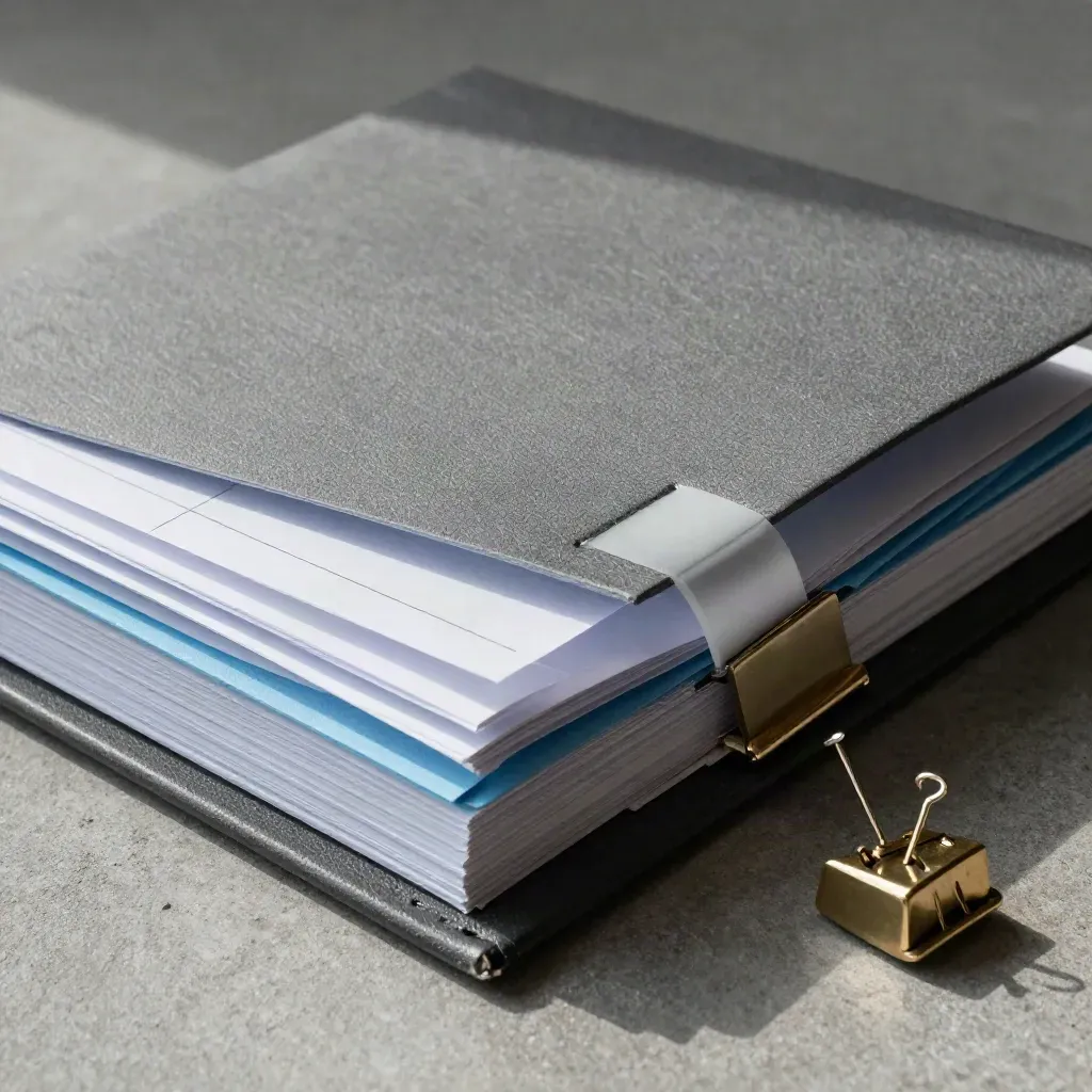 Macro of a tabbed hiring reports binder, ledger book, divider sheets and brass paperweight on cool concrete.