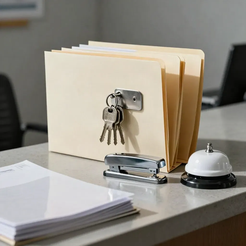 HR hiring intake kit with folders, keys, stapler and desk bell on a concrete counter