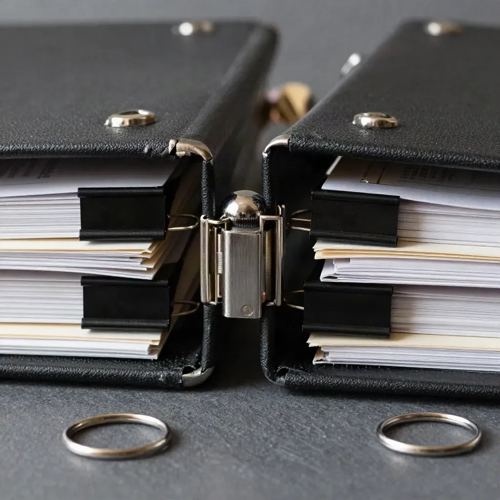 Open black client binders, clip stacks and a metal stamp on slate surface