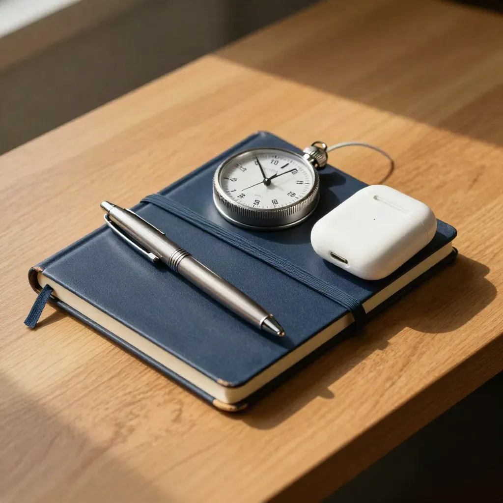 Half-packed recruiter kit with notebook, pen, timer and earbuds case on oak through blurred folder edge