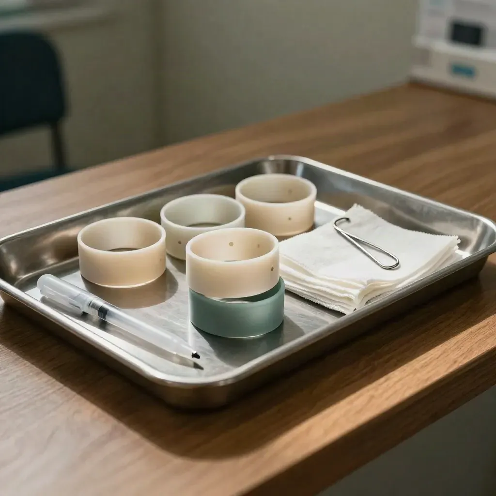 Stainless clinic tray with wristbands, penlight, gauze, and clip on walnut counter.