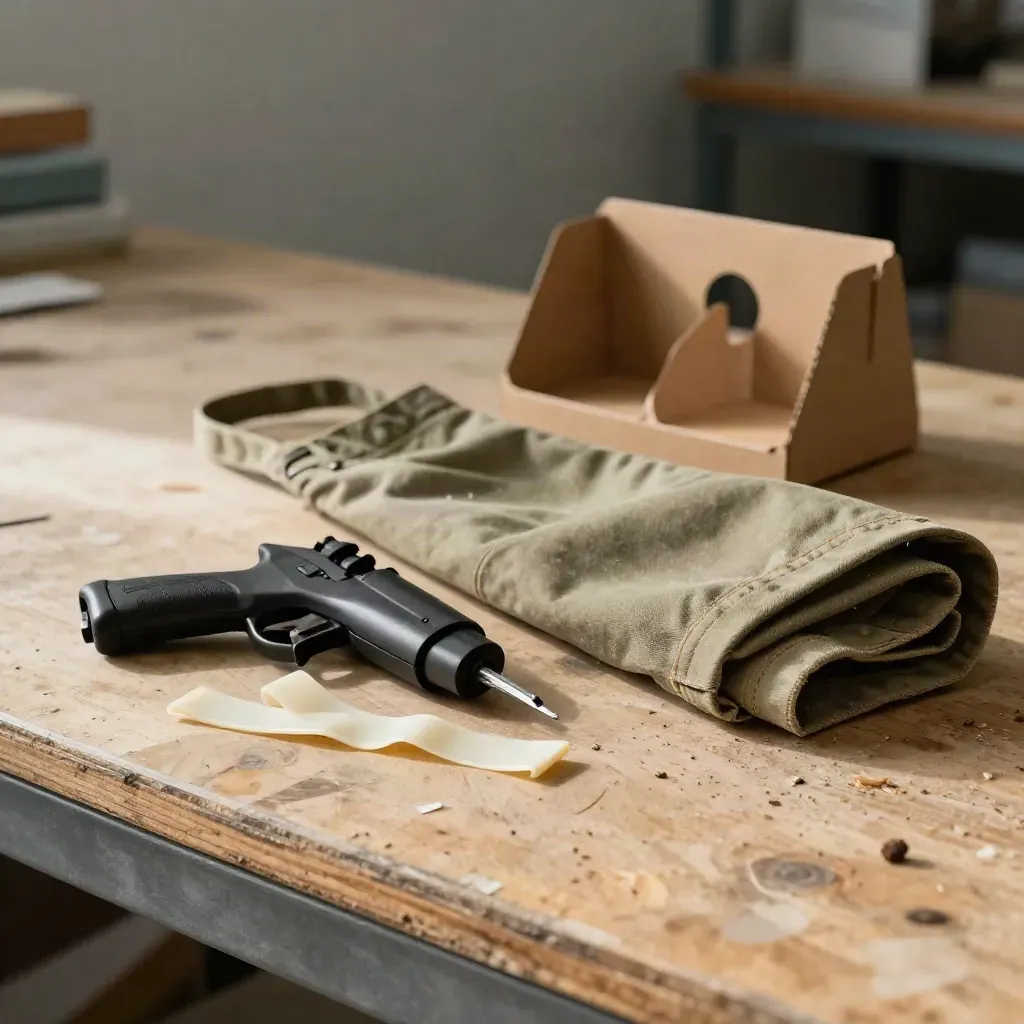 Tagging gun, fastener strips, apron, and clip rack on a stockroom bench