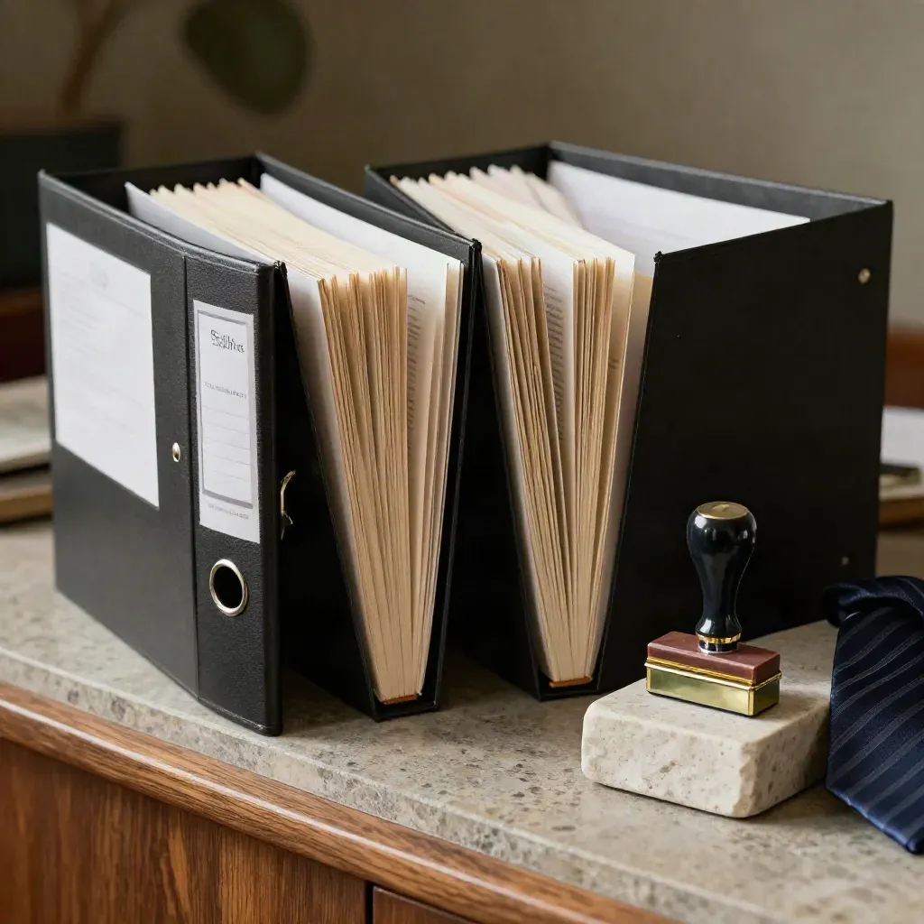 Open black binders, brass clips, and a stamp on stone with soft bokeh.