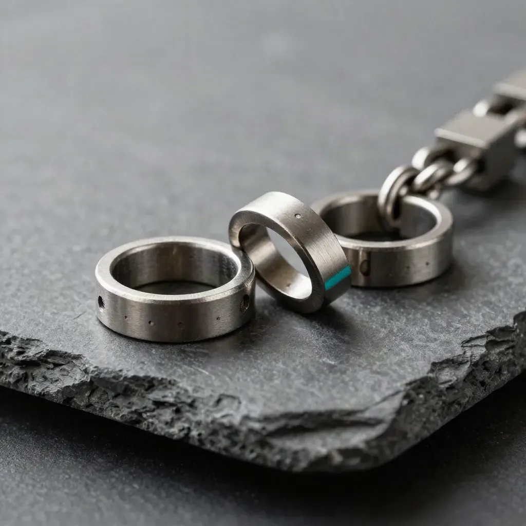 Macro of metal connector rings and blocks on graphite stone with a teal accent