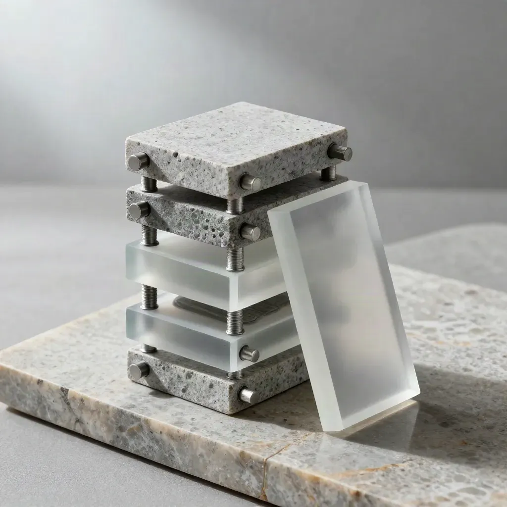 Modular stone and acrylic blocks align on limestone under dramatic studio light.
