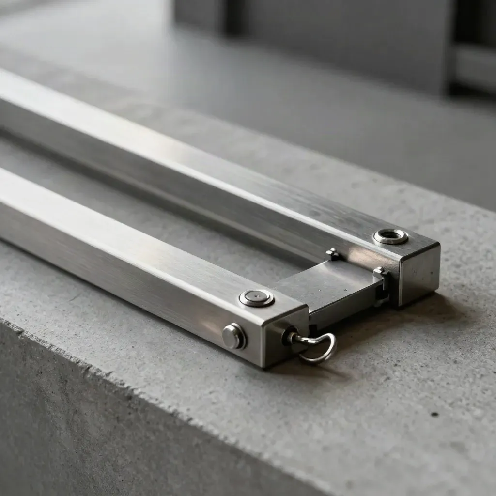 Brushed aluminum rails bridged by magnetic connectors beside two offset rings on concrete.