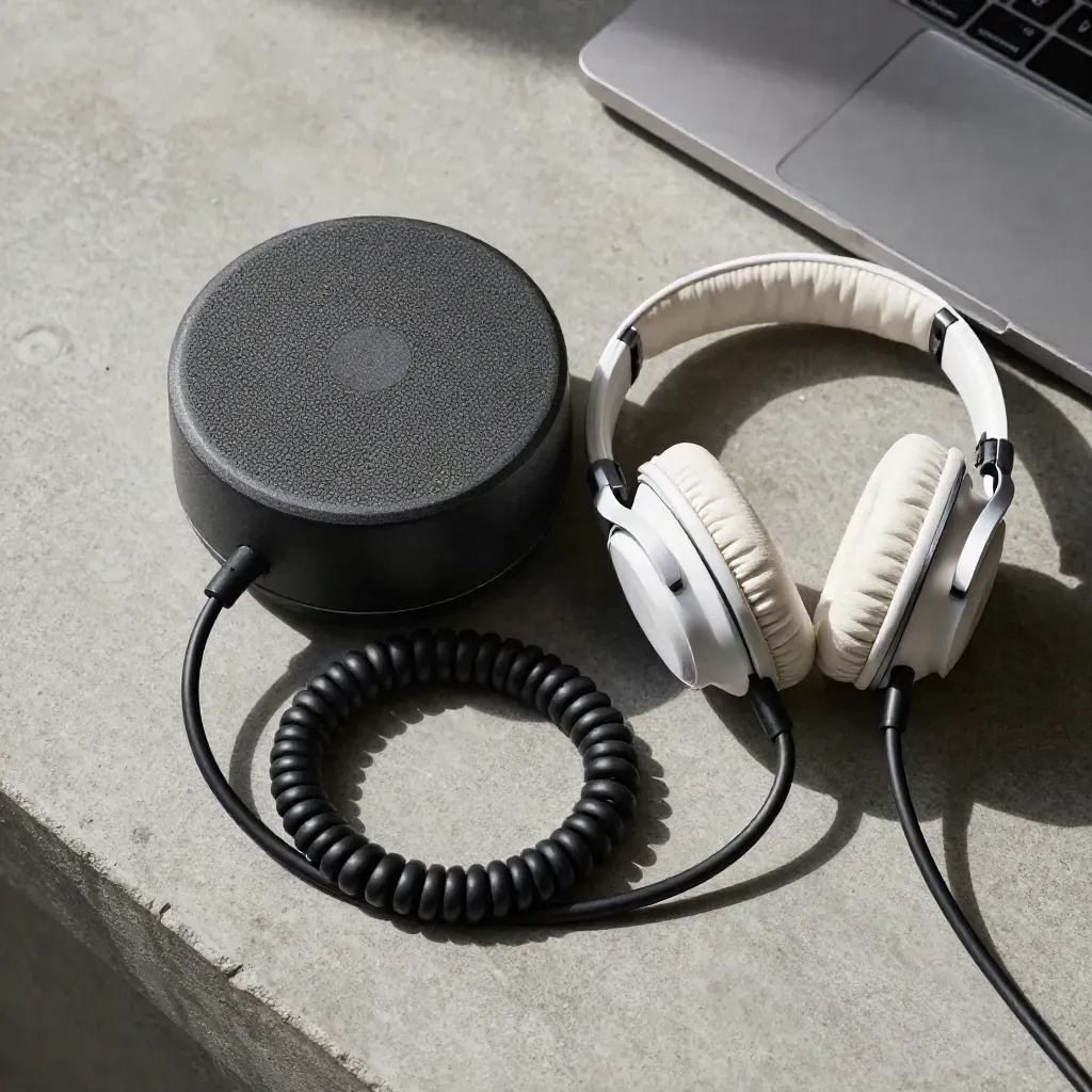 Top-down still life of a speakerphone puck, headset, and coiled cable on concrete
