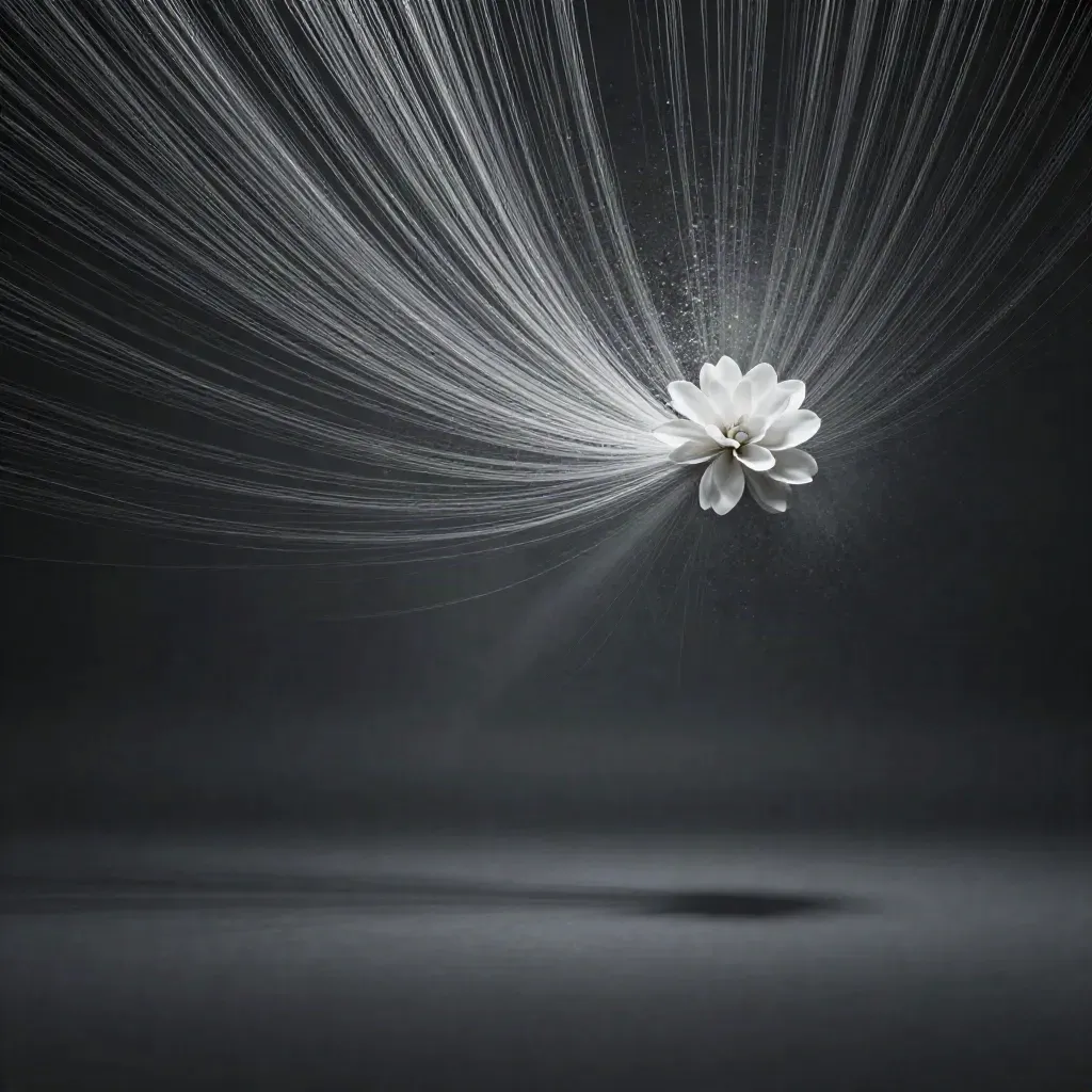 Silver filaments converge into a white bloom in deep graphite haze.